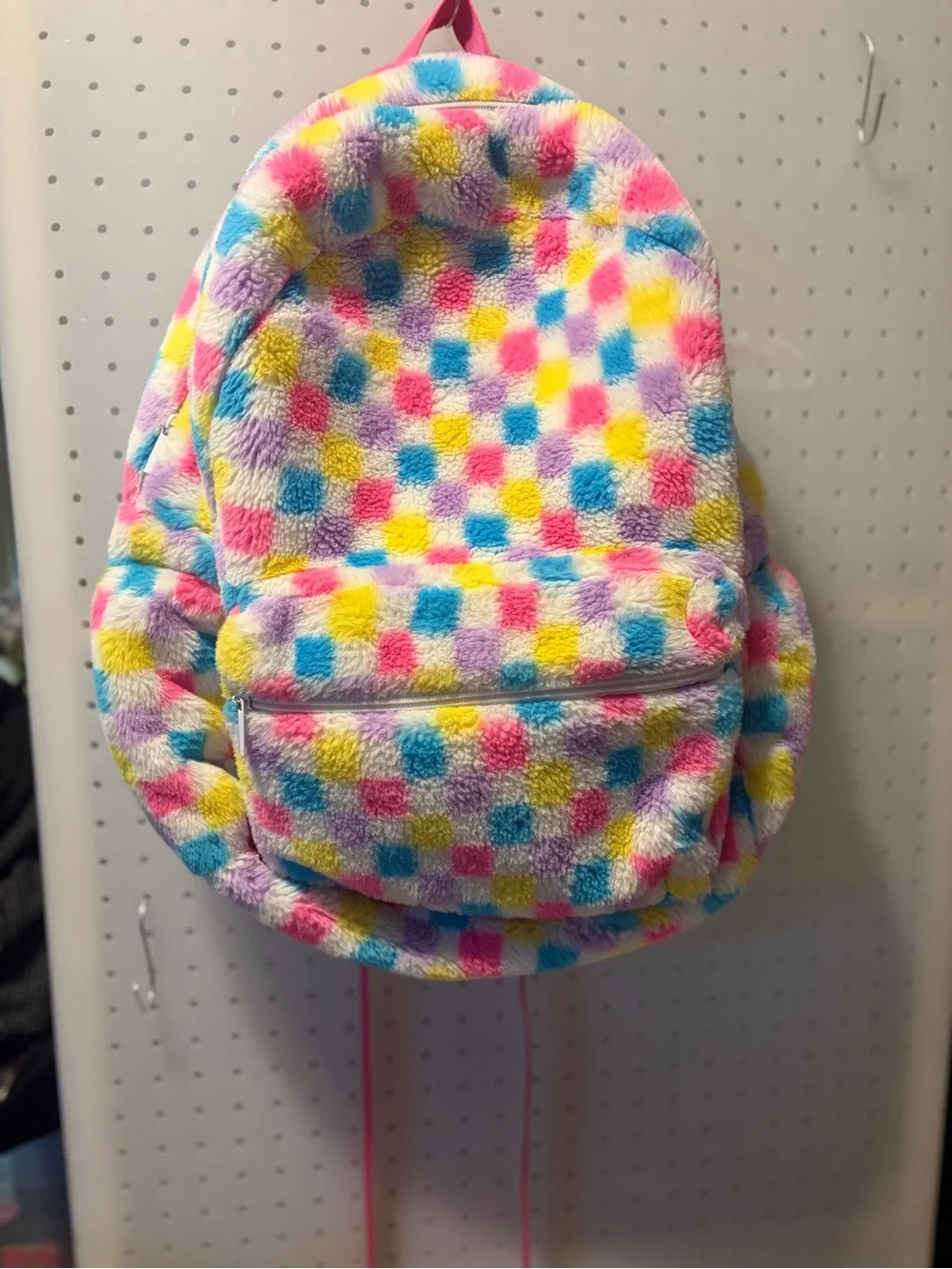 Plush Checkerboard Kids Backpack - Pastel Pink, Blue, Yellow, Purple